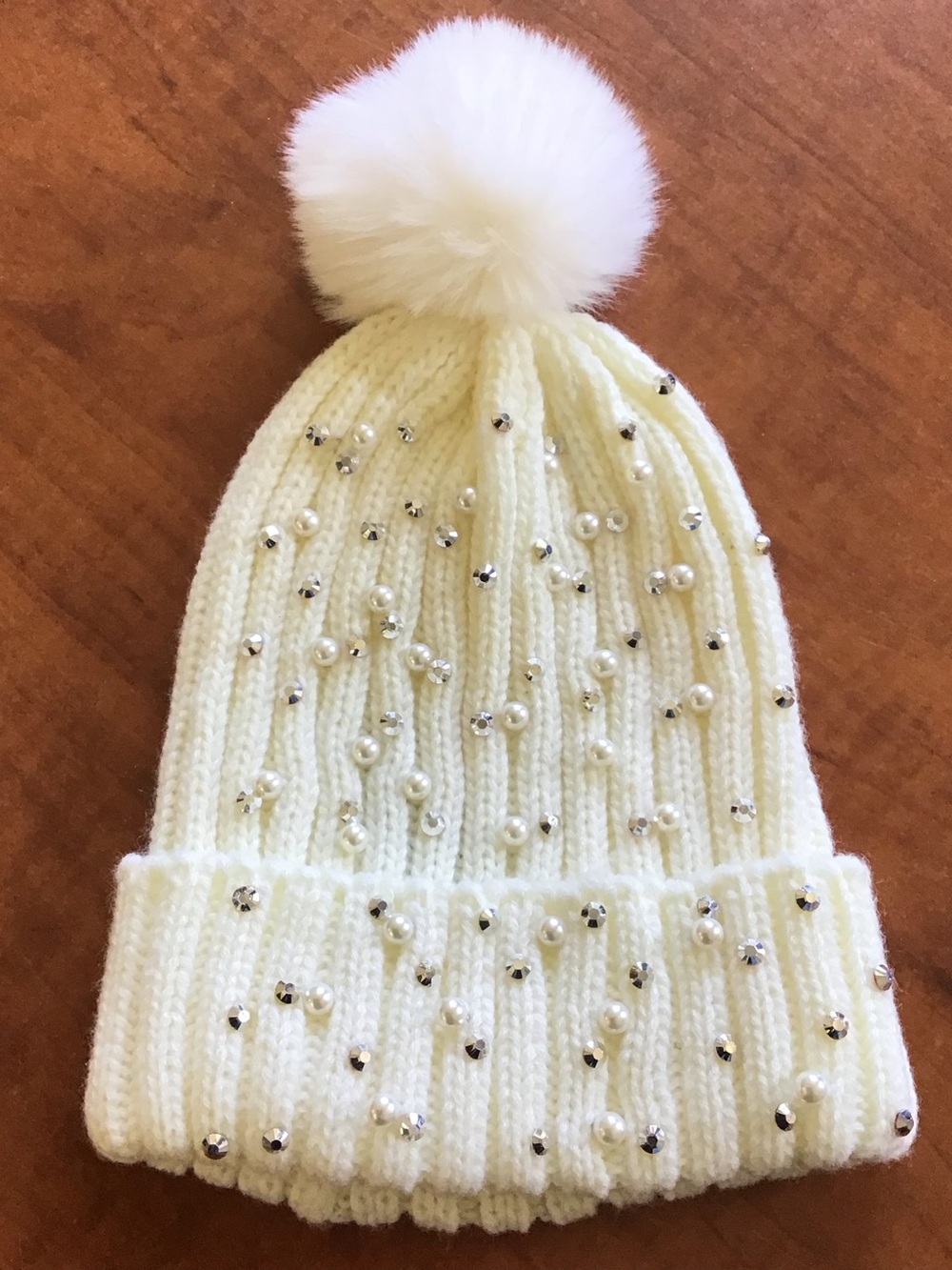 NWOT Marcus Adler Pom Rhinestones Pearls Cream Colored Beanie